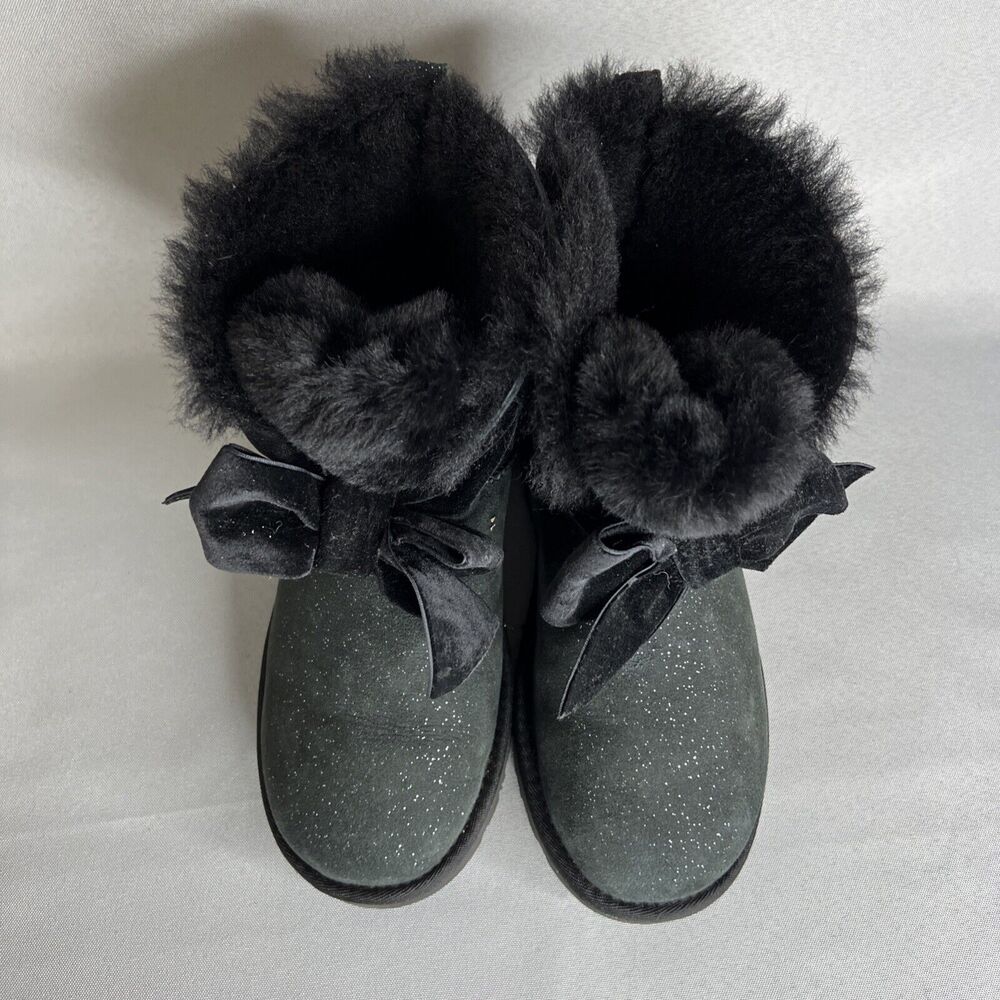 Women's Ugg Boots Sz 7 Black Gita Twinkle Bow Mini Bootie Satin Bow Glitter-like - Picture 14 of 16